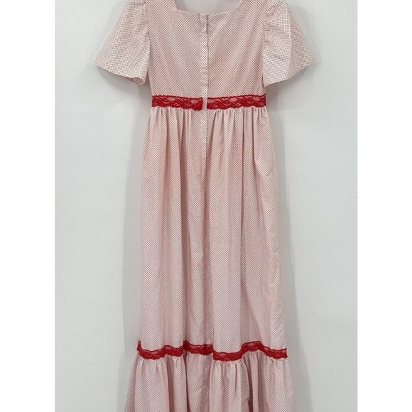 vintage 70s HIPPIE BOHO MAXI DRESS polka dot flutter sleeve lace red white XS S - Picture 6 of 10